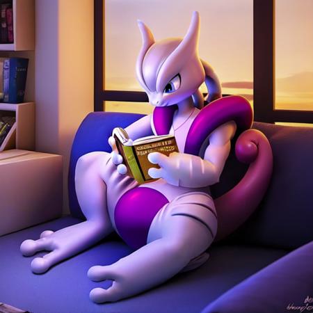 a mega mewtwo x sitting on a couch and reading a book,
detailed background,  <lora:mega_mewtwo_x:1>