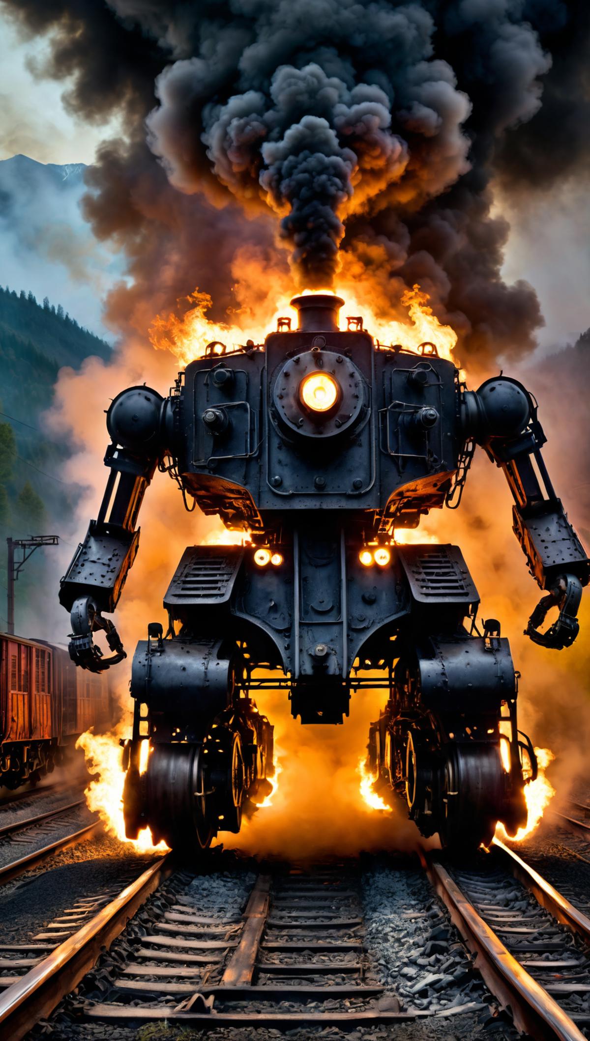 The Steampunk Robot Train Engine with Fire Coming Out of Its Mouth