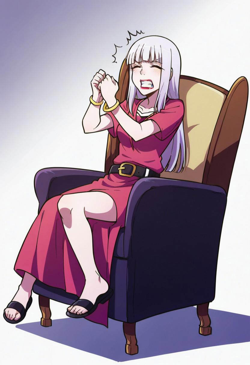 <lora:Chiyuki:0.8>, white background,  Chiyuki, belt, pale skin, clenched teeth, closed eyes, yawning, lipstick, bracelet, sitting in chair, sandals