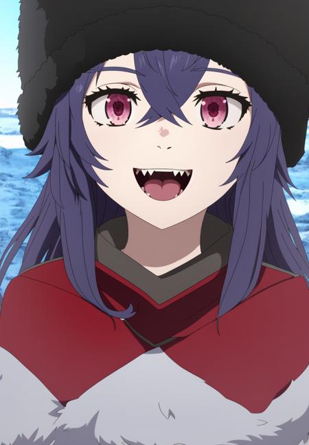 <lora:Irina_Luminesk:0.8>, Irina_Luminesk, 1girl, solo, smile, open mouth, hat, purple eyes, :d, vampire fangs, black headwear, portrait, fur hat, anime coloring, ushanka