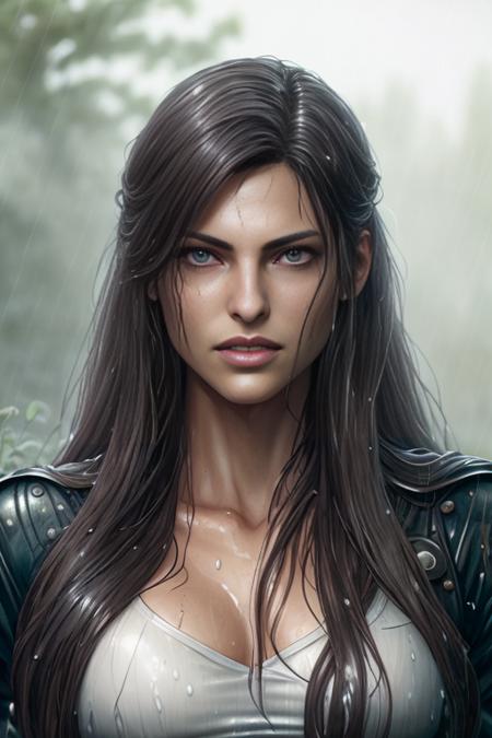 LEvangelista outside in the rain, soaking wet, dank swamp, (detailed facial features:1.15), very long flowing hair, Unreal Engine 5, 8K, HQ, HDR, amazing detail, intricate details, shallow depth of field, reflections, art by artgerm and greg rutkowski, <lora:LEvangelista:0.8>