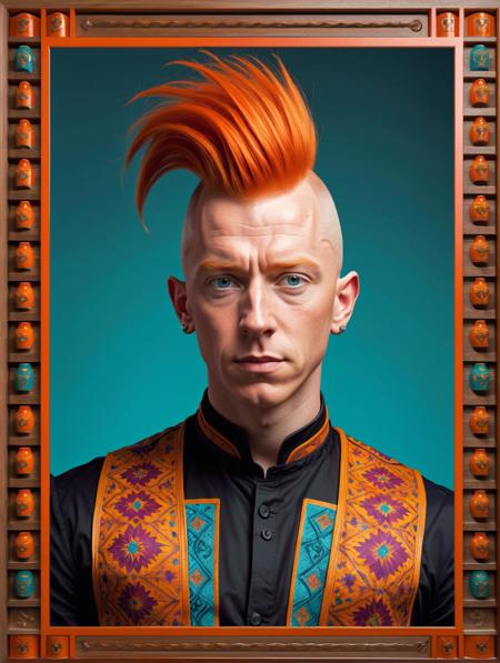 magnificent beefy Fred Weasley, his hair is Bald and styled as Mohawk, background, vivid colors, patterns, intricate designs, colorful, rich colors, <lora:Hassan_Hjjaj_Style:0.8> the, hassan, and, hjjaj, style