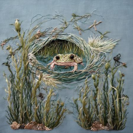 <lora:SDXL_embroidery_Sa_May_V8:1>   embroidery, pickle frog, A mutated fish swims in the ocean covered in eerie spikes