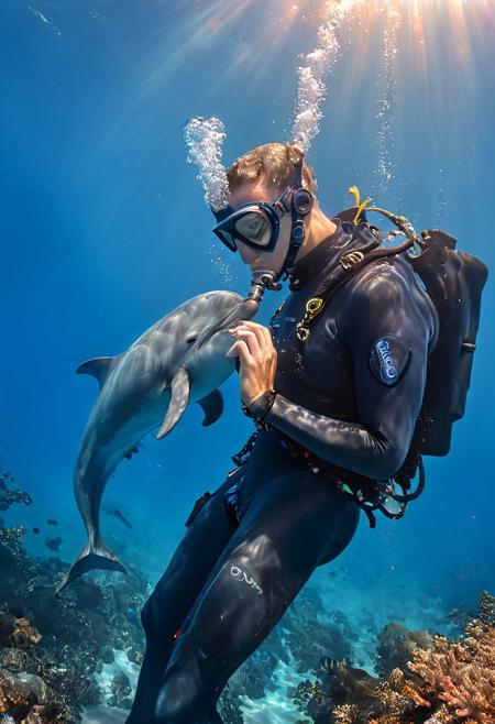 (highly detailed, hyper-realistic, fine details, sharp focus, precise rendering, perfectly proportioned, flawless rendering, smooth digital finish) ArsMJStyle, Colored pencil hyperdetailed realism, a scuba diver in full gear, with a sleek wetsuit and diving mask, interacting with a graceful dolphin underwater, the dolphin's smooth, gray skin glistening as it swims close to the diver, its intelligent eyes locked with the diver’s, bubbles rising gently around them in the serene blue water, soft beams of sunlight filtering down from above, illuminating the diver’s and dolphin's forms, intricate details of the diver’s equipment and the dolphin’s playful movement, vibrant coral and seaweed visible on the ocean floor, creating a peaceful yet dynamic atmosphere, ambient lighting enhancing the textures of the water and marine life, mood of harmony and connection, crisp high-resolution finish.