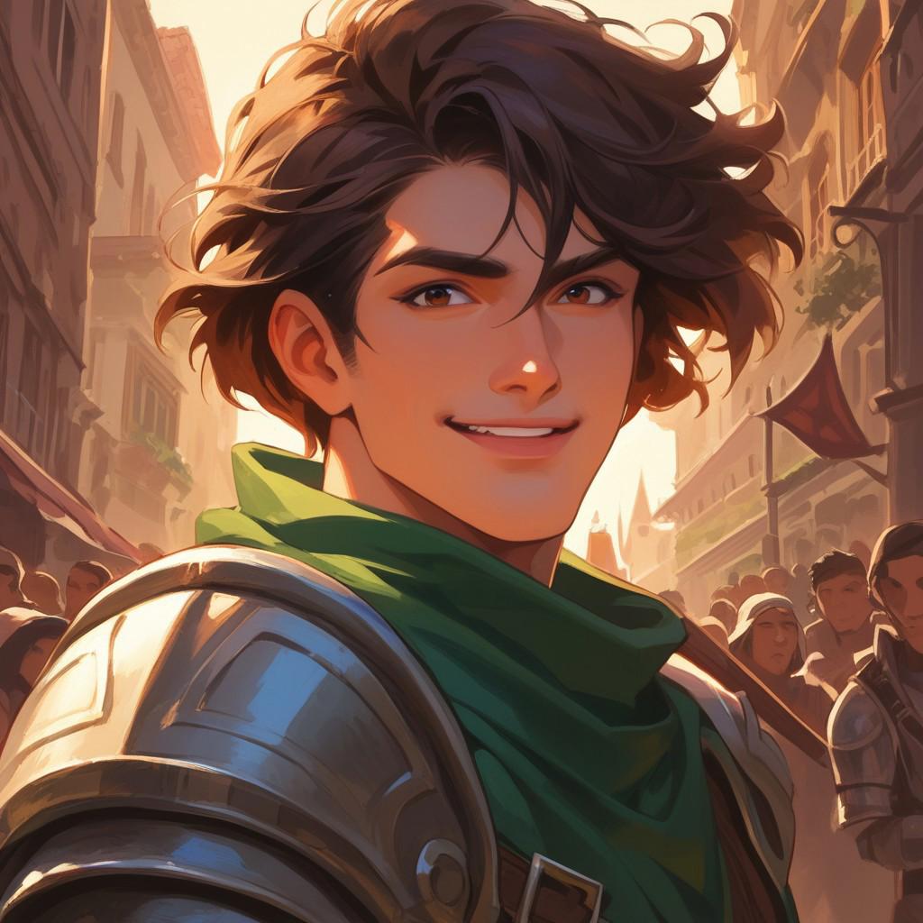 (side view:1.10) score_9, score_8_up, score_7_up, score_6_up, solo,1boy source_anime, male,  metal armor, brown hair, (short hair:1.5) dashing hairstyle, brown eyes,  arrogant expression, happy, head tilted up,looking at viewer,  big shoulder pauldrons, green cloak, upper body, muscled thick arms, belt, tabard, metal gauntlets, metal boots, metal helmet, paladin, knight in shining armor, cinematic lighting, 
ultra quality face, ultra quality eyes, highly detailed eyes
shiny metal armor, sleeveless, belt, upper body shot
(stubble1.2) 
(handsome:1.3)
(wide jaw:1.3)
(smarmy:1.1)
(arrogant smile:1.1)
Fantasy town, slums, streets, crowd