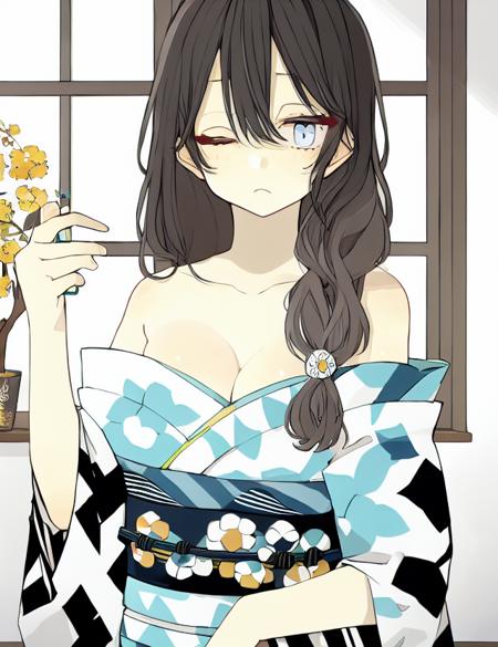 highres, 1girl, japanese clothes, solo, kimono, long hair, blue eyes, pupils, eyelashes, one eye closed, floral print, off shoulder, hair between eyes, bangs, bare tree, bare shoulders, blue kimono, print kimono, brown hair, waking up, indoors, day, sash, black hair, collarbone, wide sleeves, yukata, hand up, cleavage <lora:style_akakura_v1.1.1:1>