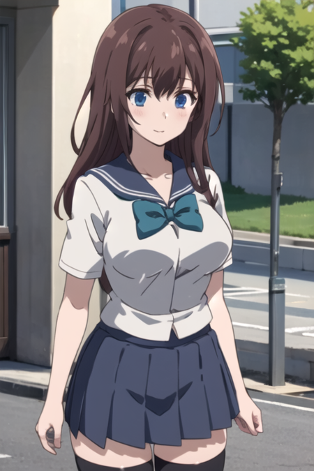 NatsukoHonda, 1girl, solo, long hair, blue eyes, pleated skirt, large breasts, brown hair, shirt, black thighhighs, bow, school uniform, short sleeves, serafuku, blue skirt, 