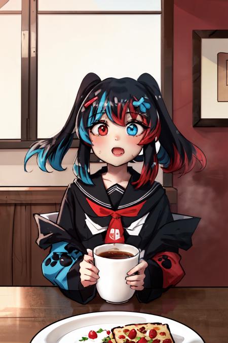 Highly detailed, High Quality, Masterpiece, beautiful, Switch-chan,  <lora:Switchchan:0.8>, food, simple background, elbows on table, cup, blurry background, indoors, upper body, tea, <lora:Pos_AcrossTable:1>