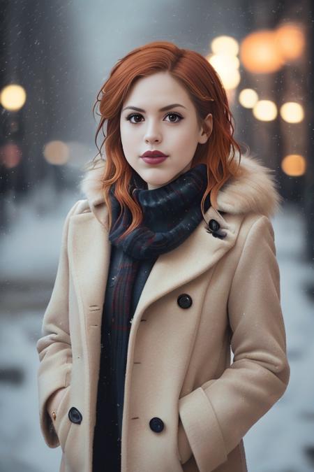 professional portrait photograph of luannaperez in winter clothing with short hair, freckles, beautiful symmetrical face, cute natural makeup, wearing elegant winter fashion clothing, ((standing outside in snowy city street)), stunning modern urban upscale environment, ultra realistic, concept art, elegant, highly detailed, intricate, sharp focus, depth of field, f/1. 8, 85mm, medium shot, mid shot, (centered image composition), (professionally color graded), ((bright soft diffused light)), volumetric fog, trending on instagram, trending on tumblr, hdr 4k, 8k