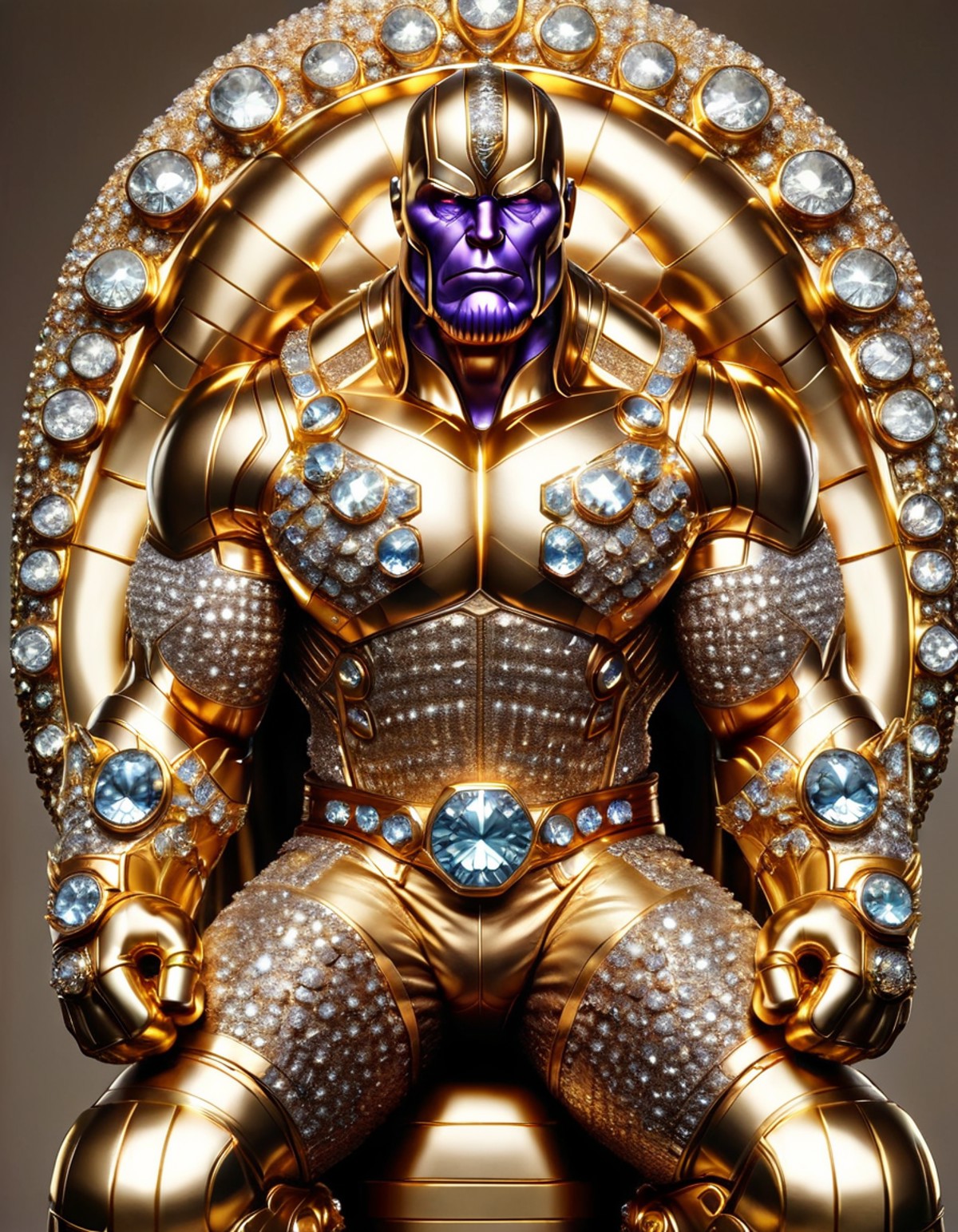 ral-bling, marvel thanos, heavy fist armor, looking at viewer, (in front of huge cock made out of ral-bling:1.8) <lora:ral...