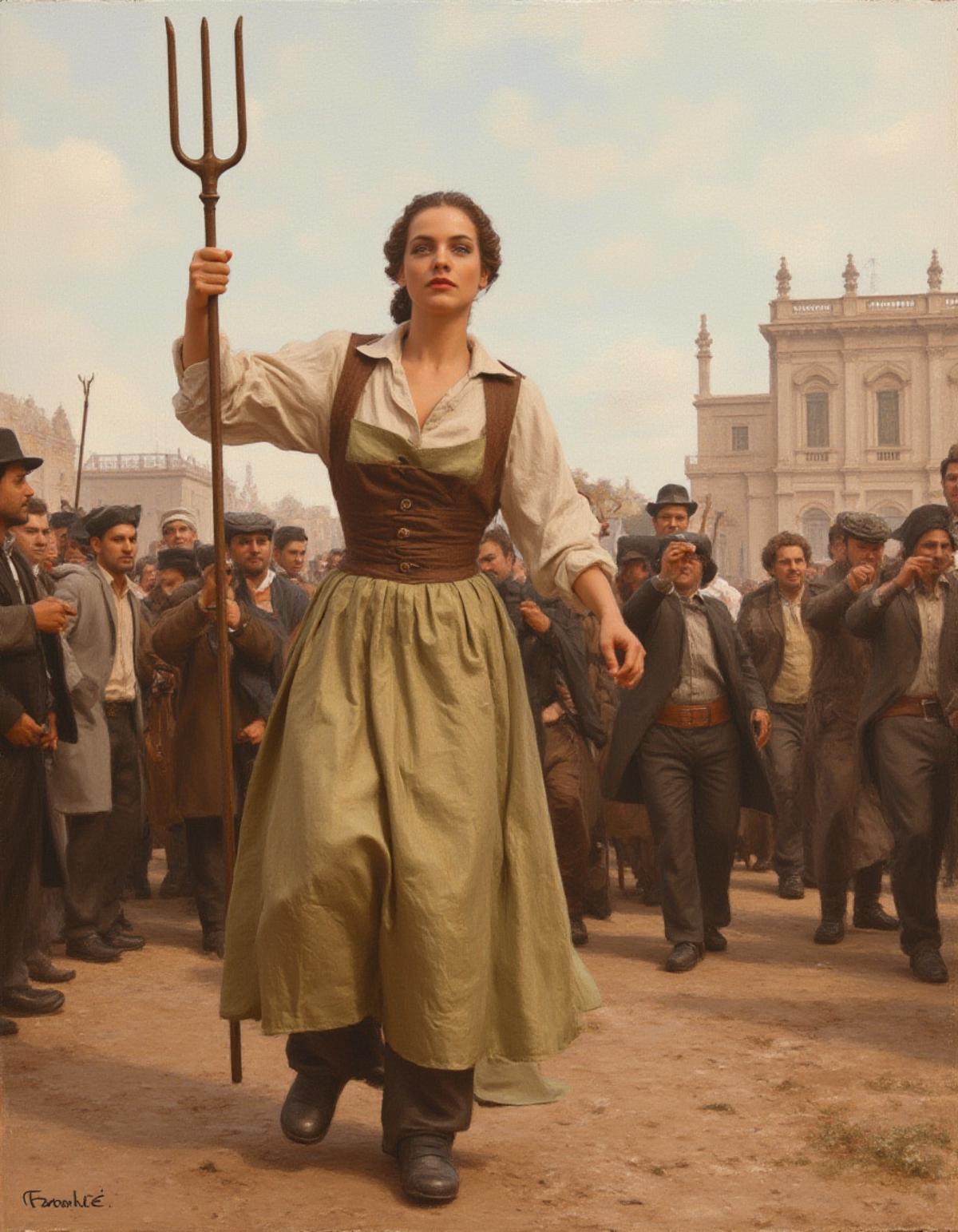 (Beautiful impressionistic oil painting) of a woman in the 1870s in france during the french revolution holding a three-pronged simple pitchfork and leading a rabble of shouting people to the bastille. She is clothed in french peasant clothing of the early 19th century and has a determined look on her face. <lora:Barbara_Palvin_FLUX_v1-000061:1>