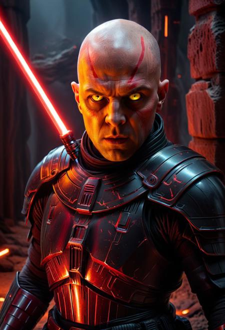 score_9, score_8_up, score_7_up, score_6_up, score_5_up, score_4_up, (absurdres, best quality, masterpiece:1.4), illustration, photorealistic, cinematic lighting, dynamic angle, perfect composition, bald, menacing expression, glowing yellow eyes, dark armor, red lightsaber, ancient Sith ruins, shadowy atmosphere, crimson glow, power and authority, ominous
