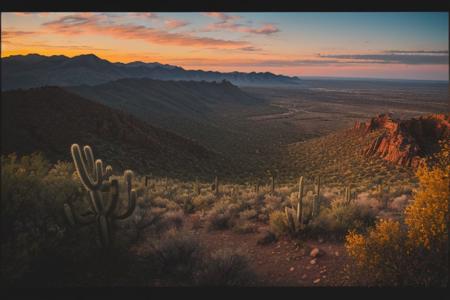 raw photo, a sunset landscape, Arizona desert, Saguaro Cactus, Tall Mesa,  cozy, photorealistic, high detailed texture, 8k uhd, dslr, soft lighting, high quality, film grain, Fujifilm XT3, Sony A7 IV, highly detailed photography, (muted colors, cinematic, dim colors, soothing tones:1.2), vibrant, insanely detailed, hyperdetailed, (dark shot:1.2), (vsco:0.3), (intricate details:0.9), (hdr, hyperdetailed:1.2) (highest coherency: 1.39) (highest quality: 1.39) (rule of Thirds) (award winning) (breathtaking) (masterclass) (vibrant color: 0.79) (distant hillside) (tall cliffs in distance; 1.19)