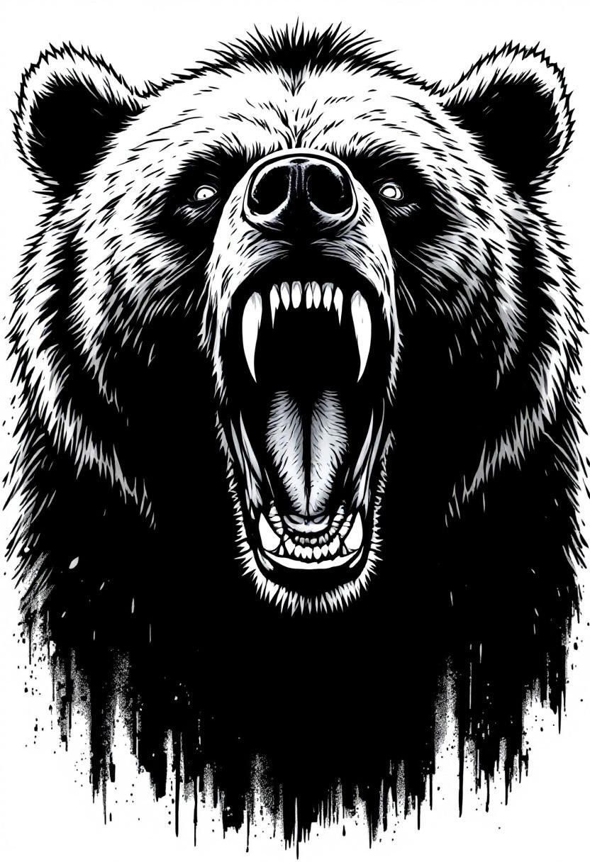 bear snarling viciously, no background IN simple BLACK WHITE WOODBLOCK PRINT