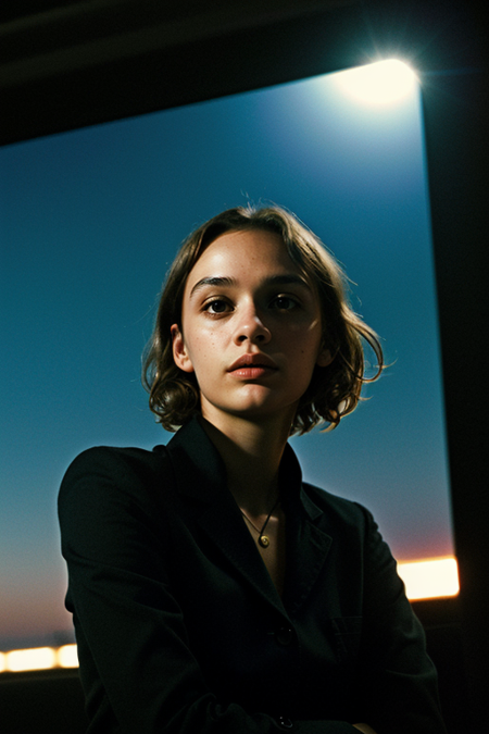 QuinnMora, portrait, photography by (Jeanloup Sieff:1.3), ((sitting inside movie theater, film screen glow reflected on face, dress)), facing bright screen, looking forward, looking at viewer, modelshoot, pose, (closeup on upper body:1.3), (night, dark, dark photo, grainy, dimly lit), editorial photograph, film grain, depth of field, analog film style, vivid color, ((chiaroscuro, emotional impact, vivid, strong contrasts, stylized lighting, movie screenshot, colored gels, gritty, movie still)), ultrarealistic, noise