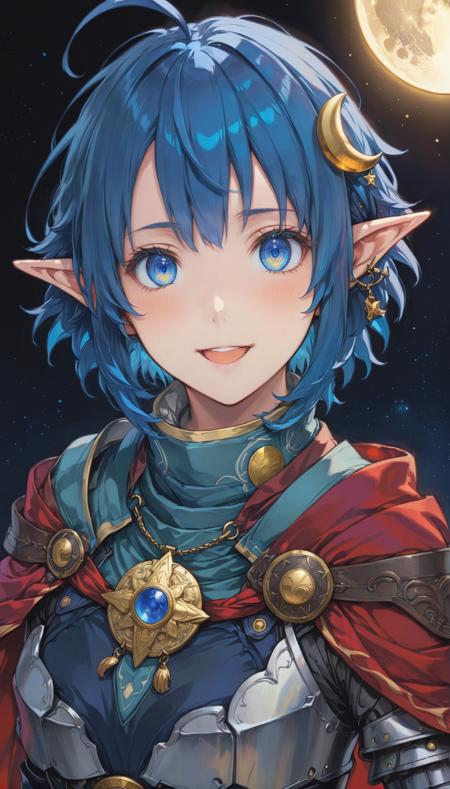 <lora:yukihiro_kajimoto_so2r_xl_v2:0.8> <lora:IOS_Iridescent_opal_style:0.6> star ocean, rena lanford, 1girl, ahoge, armor, blue_eyes, blue_hair, red cape, medallion-clasp, upper_body, crescent hair ornament, looking_at_viewer, open_mouth, pointy_ears, short_hair, gold half-moon hair ornament, smile, solo,
intricate detail, cinematic lighting, amazing quality, amazing shading, detailed Illustration, official artwork, wallpaper, official art, extremely detailed eyes and face, beautiful detailed eyes, ((masterpiece, best quality))