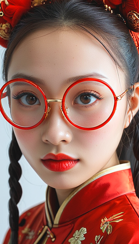 Close-up gorgeous chinese girl face , sexy, hot, cute, (bangs:1.1), freckles, light tan, striking red large eyes, aligned eyes, mirror eyes, (half smile:1.1),
(wearing very detailed Venetian Mask:1.1), small tender chin, ginger hair,(double bun hair), round red glasses, red Traditional Chinese Clothing,
BREAK,
very long lashes, trendy portrait,
tender Aesthetic nose, ears, puffy lips, sensual lips, detailed texture, detailed eyes, detailed skin, clean skin, red Traditional Chinese Clothing,
<lora:Someplastic_b:1>, (ultra sharp focus:1.8), (detailed skin:1.8), (thin lines:1.8), (best quality:1.8),
<lora:Apparatus_-_Traction_City_Walkers_Vehicles:0.7>,
<lora:add-detail-xl:0.7> (ultra sharp focus:1.8), (detailed skin:1.8), (thin lines:1.8), (best quality:1.8),
<lora:glowneon_xl_v1:0.7>