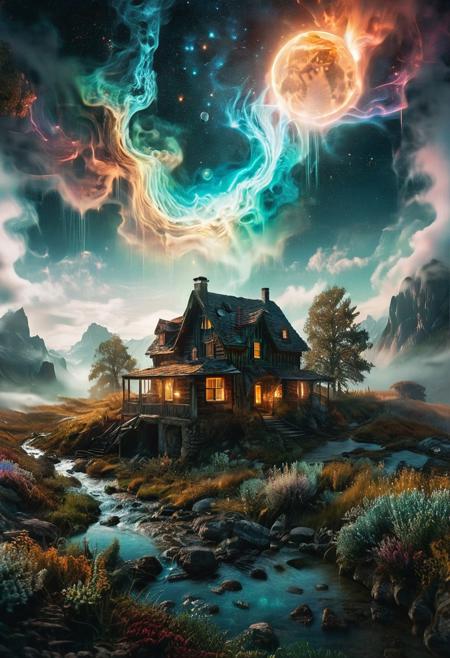 (by Ellen Jewett:1.5), (Bioluminescent Impressionism, The Dreamland), their peaks veiled in mist. mixed media, surrealism, great lighting, A surreal landscape highly detailed . extremely high-resolution details,  appears trapped in an optical illusion of reflections and refractions colorful , mountain cabin, professional photography, natural lighting, volumetric lighting maximalist. intricately detailed, complex, elegant, night, moon, meteor shower, expansive, fantastical, film photography style,  <lora:MJ52:0.3>  <lora:SDXLFaeTastic2400:0.4>  <lora:EpicF4nta5yXL:0.7>.ethereal landscapes, depth of field, biotech emotion:1.3) <lora:xl_more_art-full_v1:0.5> <lora:add-detail-xl:1> <lora:RMSDXL_Creative:2>, GhostlyStyle