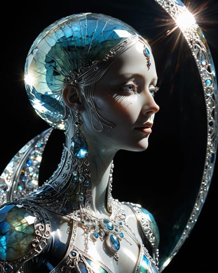 (full body sorcerer:1.7), prismatic light, shadows, full body, LABRADORITE, silver, chrome,  illuminated face, sunlight shining through gemstone of semi-precious stone, detailed face, Kay Nielsen , water, reflections, transparency, arch, moon, volumetric lighting, prismatic effect, blood, viewed from the side, <lora:add-detail-xl:1.0>  <lora:xl_more_art-full_v1:0.5>