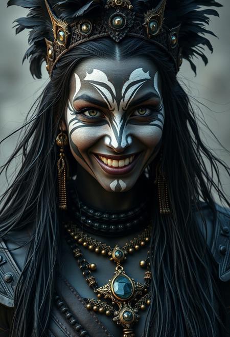 medium shot of the underworld Princess, lust face expression, evil smile, white tribal makeup, extremely beautiful, small white eyeballs, long wet black hair, grunge clothes, grunge black armour, grunge black golden jewelry, grunge black feathers crown, hyper realistic, ultra detailed, translucent black skin, black skin, mist, wind