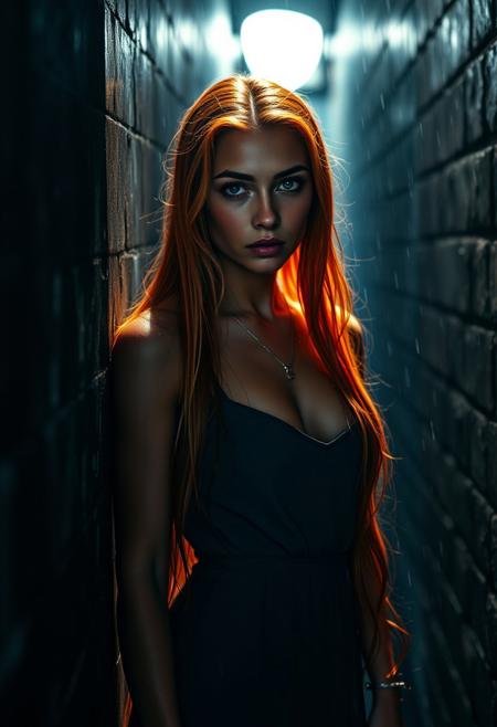 realistic lighting, photo, photorealistic, a 18 years old female, small size, petite, dark-skinned female, very long orange hair, aqua eyes, busty breast, small waist, wide hips, toned female, abs, freckles, necklace, arm bracelet, rings, mascara, serious, open dress, leaning against the wall, dark alleyway, at night, heavy rain, raining, wet body, wet hair, scenery, (cinematic angle, cinematic lighting, backlighting, ray light, volumetric light)