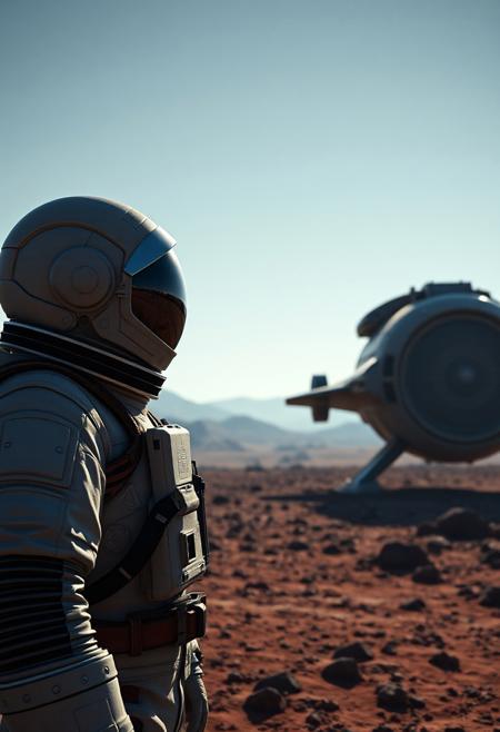 A full suit astronaut (visor is fully reflective and cannot be seen through) standing in front spaceship that recently landed on new planet, he is looking over the horizonbut angled away. Set in the art style of the video game no man's sky. Have the camera further back about 50 yards out. And have the spaceship similar style to an x-wing from star wars, more horizontal. Have the spaceship fully visible behind astronaut.