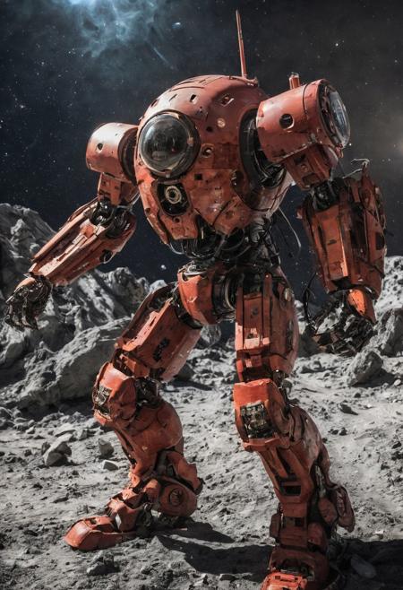 fisheye lens (fisheye view) photograph, ((Devil-Mech robotic assasin warrior on the moon)), militaristic echo image, blood splatters, emblem, echo image, sidelit, masterpiece from a different dimension, film grain, noise offset,  <lora:add-detail-xl:1>  candid photography, Getty Images quality photograph, cute and endearing photograph contrasted by violent mania , double exposure, multiple-exposure photograph, UHD, very slow shutter speed to capture motion, experimental coloured lighting, experimental angles, strong fisheye-lens/ intense fisheye-view photograph, intricately detailed, very detailed background, realisticvision-negative-embedding, realisticvision-negative-embedding, epiCRealism
