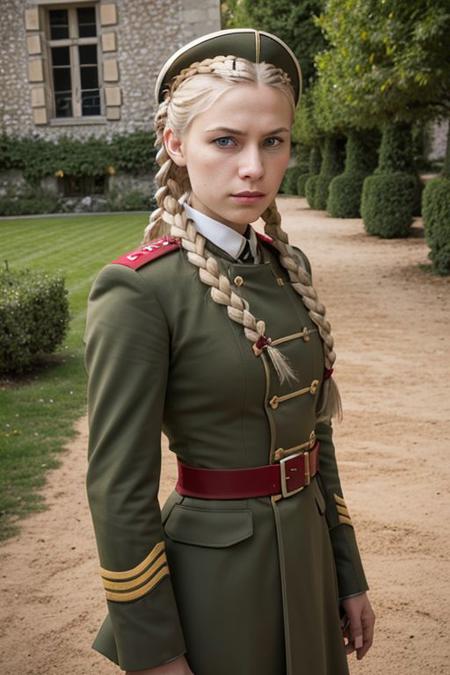 ground level outdoor photo of angry 25YO blonde French female with twinbraids wearing [XVII century] military uniform, bottom-view