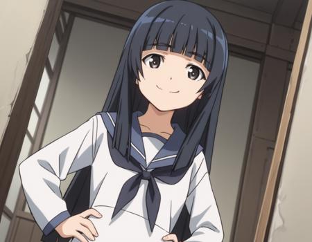 <lora:michiko-yamanaka-anime-ponyxl-lora-nochekaiser:1>, michiko yamakawa, long hair, black hair, black eyes, bangs, blunt bangs, school uniform, swimsuit, serafuku, school swimsuit, swimsuit under clothes, long sleeves, shirt, white shirt, neckerchief, black neckerchief, blue sailor collar,