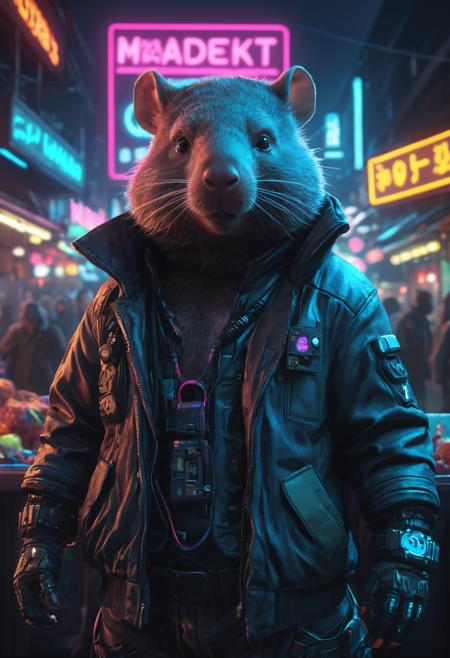 An anthropomorphic wombat wearing a cool cyberpunk outfit, standing in a neon lit bust market street at night in a neon-lit cyberpunk city.