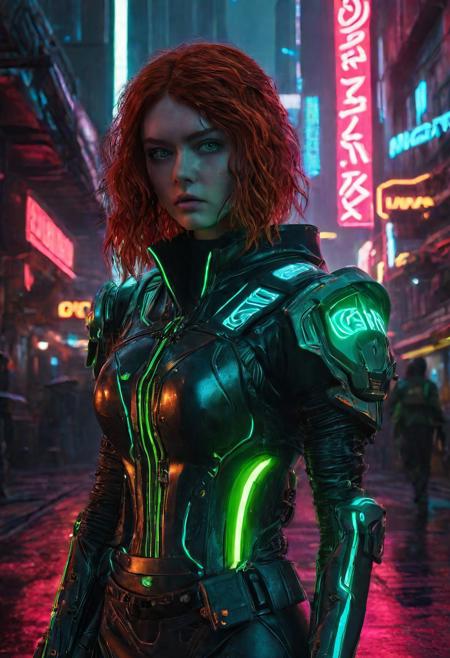 High resolution ultra-realistic of Beautiful Cyberpunk goblin girl, 8k, capturing the intensity of the moment, cinematic lighting, goblin, green skin, pointed ears, standing on a troubled street in a futuristic city in a bloody battle, wavy red hair, realistic dirty pale face, glowing red eyes, beautiful hourglass figure, realistic robotic hand, beautiful Sadie Sink as Cyberpunk girl, intricately designed tight cyberpunk-style clothing, Cyberpunk 2077 Aesthetic, perfect athletic figure, ultra realistic, cinematic style, vigorous and Alluring, athletic figure, Cyberpunk sci-fi neon style, dramatic lighting, wet and sweaty skin, dirty pale skin, athletic figure, dark sci-fi, dramatic lighting, Greg Rutkowski style, Cyberpunk girl on in cool dress, hyper-detailed, hyper-realistic, natural light, extremely intricat e details, masterpiece, epic, bright colours, Attractive 21 old years girl, beautiful firm Breasts, sharp focus, digital painting, Photograph Taken on Nikon D750, Alphonse Mucha, athletic figure, Hyperdetailed, hyperrealism, Attractive, Attractive bust girl, asymmetric balance