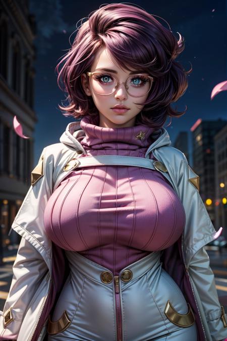 zzWicke, green eyes, glasses, pink-framed eyewear, purple hair, short hair, big hair, zzWicke, green eyes, glasses, pink-framed eyewear, purple hair, short hair, big hair, pink sweater, turtleneck sweater, white coat