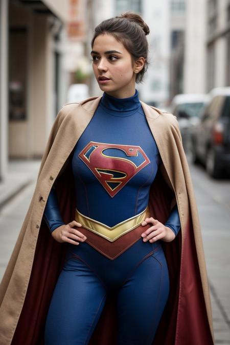 RAW photo, supergirl, short hair, bodysuit, cape, , bad, background winter (high detailed skin:1.2), 8k uhd, dslr, soft lighting, high quality, film grain, Fujifilm XT3  <lora:Sasha Calle Supergirl:0.85>