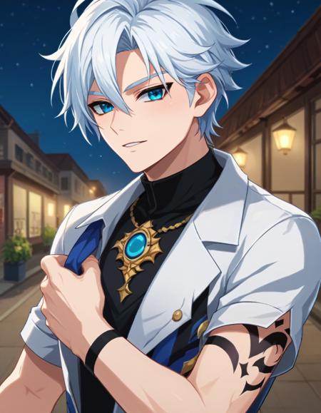 white hair, blue eyes, short hair, hair between eyes, bangs, arm tattoo, black tattoo, 