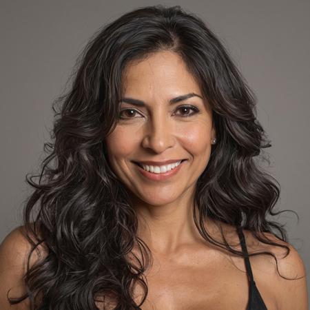 A realistic head and shoulders image of a Latina milf. she has long, wavy dark hair and a relaxed, seductive look on her face with a smile, and is facing the camera