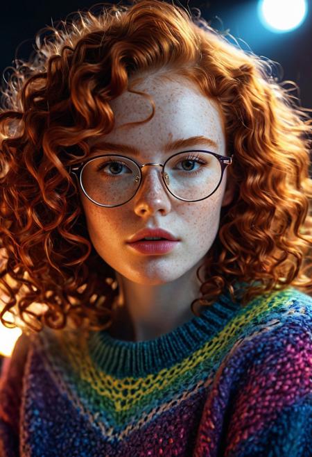 score_9, score_8_up, score_7_up, cinematic photo, close-up, 1girl, beautiful cute face, parted lips, curly ginger hair, natural eyebrows, pale skin, freckles,small wire rimmed glasses,colorful sweater, multicolored clothing, illuminated by cool lights,  soft glow, shimmer effect, sharp detail, fashion editorial, seductive gaze, high contrast, glowing atmosphere, dreamy lighting, atmospheric background, studio lighting, realistic face, photorealistic