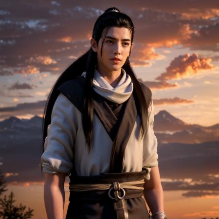 a man with long hair and a scarf on her neck, standing in front of a mountain and cloudy sky, (1girl:0.992), (brown eyes:0.947), (brown hair:0.737), (fingerless gloves:0.694), (gloves:0.597), (lips:0.812), (long hair:0.817), (nose:0.515), (outdoors:0.551), (realistic:0.622), (sky:0.703), (solo:0.946), (upper body:0.807)