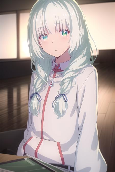 koharuootori, <lora:koharu ootori s1-lora-nochekaiser:1>,
koharu ootori, long hair, bangs, (green eyes:1.3), hair ribbon, braid, white hair, blue ribbon, hair over shoulder,
BREAK shirt, long sleeves, white shirt, collared shirt, hood, sleeves past wrists, hoodie, yellow jacket,
BREAK indoors, classroom,
BREAK looking at viewer,
BREAK <lyco:GoodHands-beta2:1>, (masterpiece:1.2), best quality, high resolution, unity 8k wallpaper, (illustration:0.8), (beautiful detailed eyes:1.6), extremely detailed face, perfect lighting, extremely detailed CG, (perfect hands, perfect anatomy),