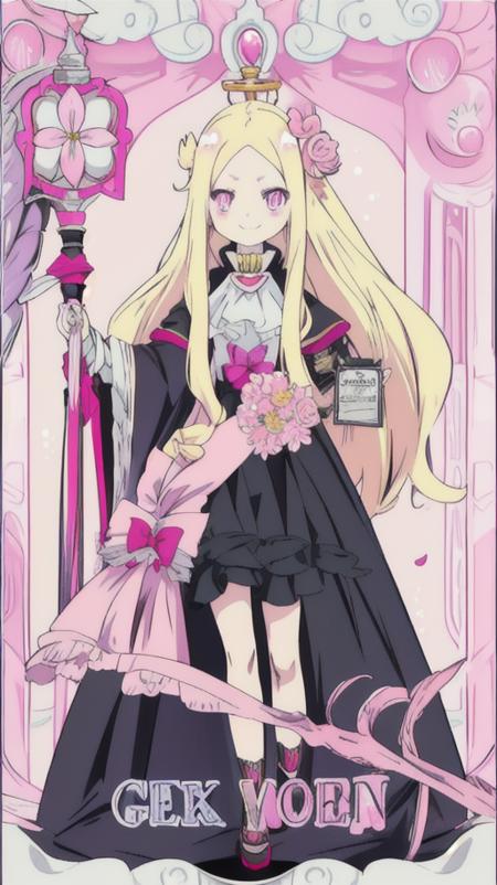 <lora:animetarotV51:1> <lora:Roux Cristasse:0.8> blonde hair, long hair, hair hornament, holding, pink eyes, anime coloring, pink background, flowers card, black dress, tighhigs, staff, smile, full body, "Loux K" text