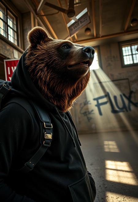 Closeup of an anthro grizzly bear urban explorer wearing a black hoodie exploring an abandoned library around noon. The bear is carrying a backpack with a sleeping bag. On the wall there is a propaganda poster titled "I WANT YOUR BUZZ". In the background there is a spray painted "FLUX" logo on a wall. The air is dusty and rays of light can be seen shining from the ceiling windows. Highly detailed high contrast photograph with high dynamic range and vibrant shadows and light.