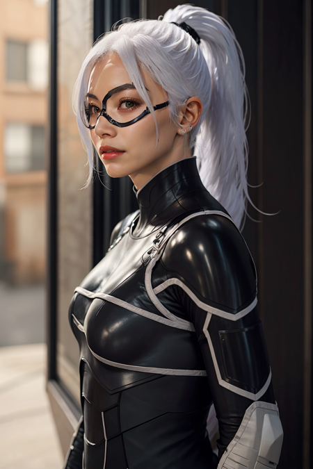 feliciacat, 1girl, bodysuit, solo, mask, long hair, lips, white hair, ponytail, black bodysuit   <lora:feliciacat-10:0.6> facing viewer, upper body,  <lora:JapaneseDollLikeness_verB:0.55>