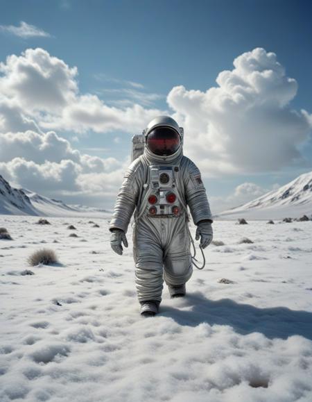 photograph, a whimsical scene of an astronaut in spacesuit, fur cloaked in a grumpy silver fur cloak and helmet, walks through the vast expanse of space. The sky is bright and blue with fluffy white clouds. In the distance, two scientists with glowing red eyes gaze out at the horizon, their movements graceful and fluid. This unique science fiction creation is both captivating and terrifying, Snowy, Sharp and in focus, Awe, Orientalism Art, sharp, focussed, Fujicolor Superia X-TRA 400, F/1.8, Amaro