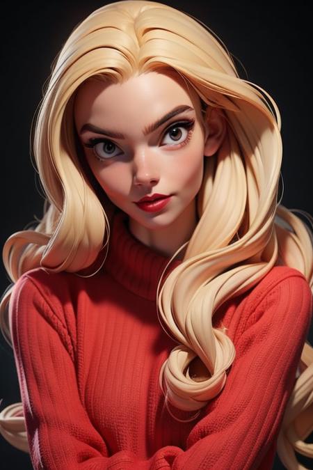 3dmm style,(masterpiece, top quality, best quality,ATLJ, 1girl, solo, sweater, looking at viewer, parted lips, realistic, black background, red sweater, simple background, upper body, long hair, blonde hair, head tilt, red lips, long sleeves, masterpiece, best quality,