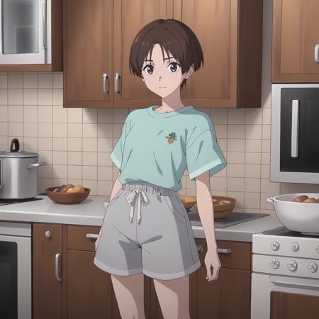 ChisatoDojima,1girl,brown hair,short hair,brown eyes, aqua shirt,short_sleeves, gray shorts, barefoot,