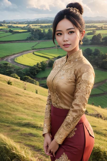 masterpiece, ultra detailed, indonesia woman, wearing traditional kebaya attire, wearing trousers, hair in a bun, windy, background is rural area, (night:1.2), detailed shadow, detailed face textures, blush,