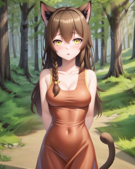 YVAO, 1girl, animal ears, braid, brown hair, cat ears, hair between eyes, long hair, looking at viewer, medium breasts, solo, tail, yellow eyes, red dress, cat girl, cat ears, outdoors, forest, night