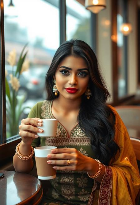 realistic photo of beautiful punjabi woman, 23 years old, mocha skin, makeup, flashing boobs, wearing a tightly fitted salwar kameez,  jhumka, rani haar, mendhi jewels,  in a cafe having a coffee.