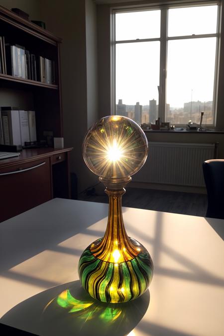 a paperweight on an office table, made of gleaming glinting murano glass, sunlight through window