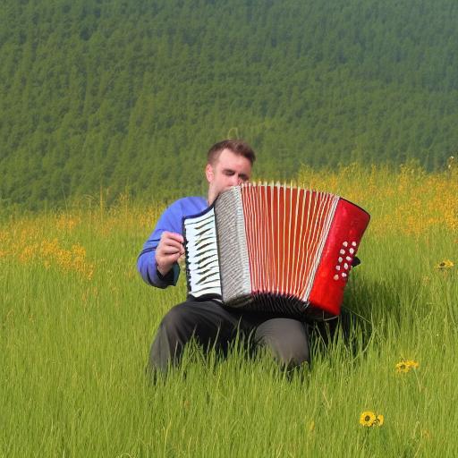 A musician playing an accordion in a lush green meadow, wildflowers blooming around, mountains in the background, sunlight filtering through the trees, serene and peaceful atmosphere, realistic photography style