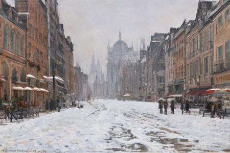 cafe street,morning,snowstorm, <lora:monetloha13-000009:1>